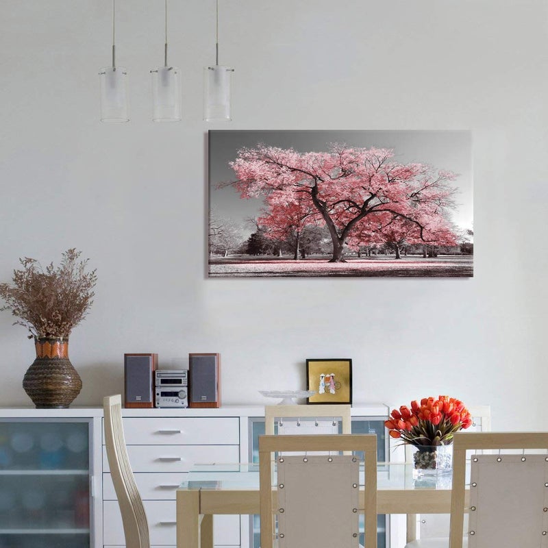 Visual Art Decor Pink Tree Canvas Wall Art Pink and Gray Wall Decor Canvas Prints, Framed Artwork for Living Room Bedroom Decoration 20inx36in - Image 4